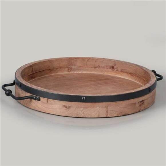 Round Wood Coffee Table Tray with Metal Handles Farmhouse Decor Centerpiece - Picture 1 of 7